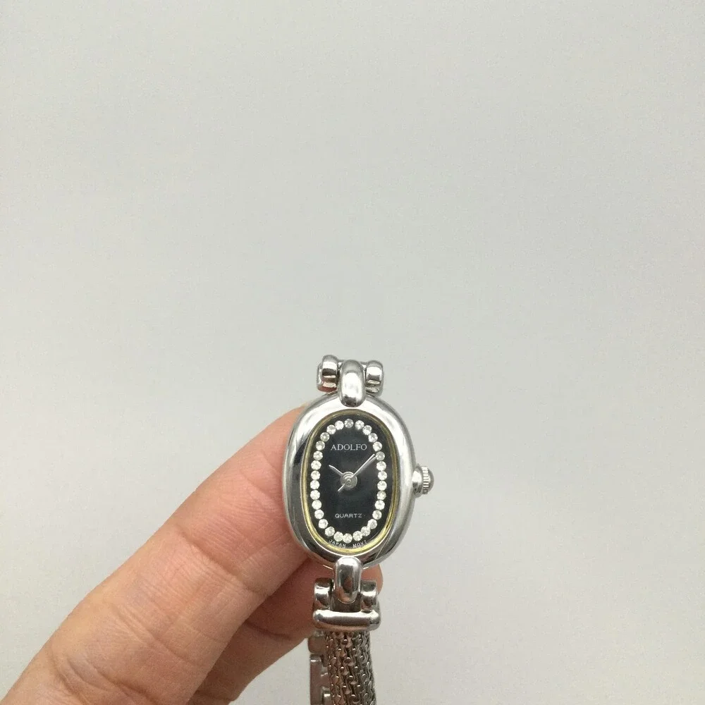 Adolfo Womens Watch 16mm Black Dial Silver Tone Crystals New Battery 7.5